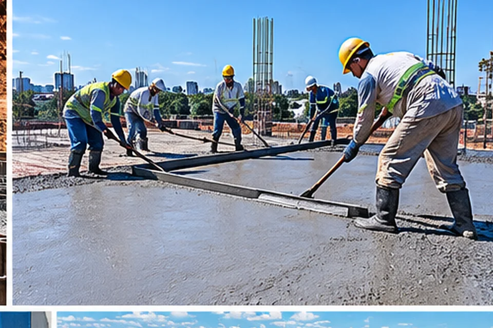 Equipe executando concretagem e sarrafeamento de laje em Brasília